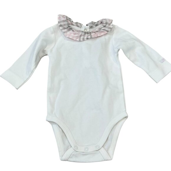 Jacadi Baby Long-Sleeve White Bodysuit With Plaid Ruffle Collar 3M 100% Cotton - Picture 1 of 3